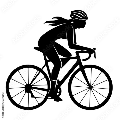 Female road cyclist riding a racing bike, female cycling, sport silhouette, bike race, athlete icon