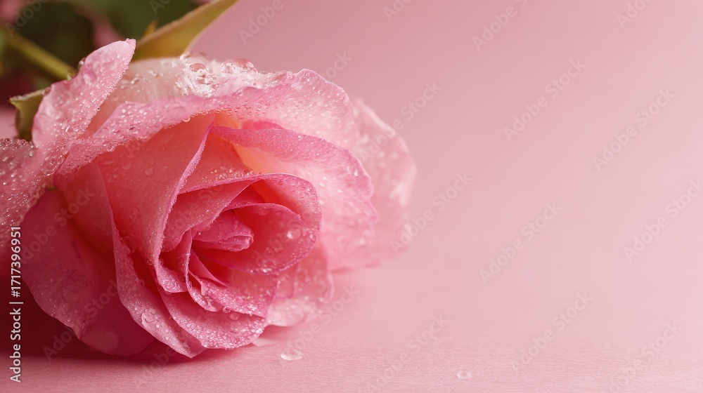 Fototapeta premium A delicate pink rose with water droplets glistening on its petals, set against a soft pink background.