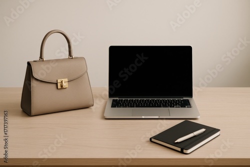 Elegant workspace setup featuring a laptop, handbag, and notebook on a wooden desk in a minimalistic design