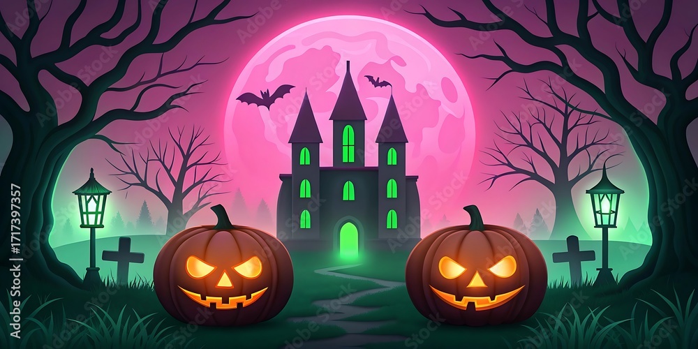 Fototapeta premium Spooky Halloween Castle Scene: Glowing Jack-o'-lanterns, Pink Moon, and Eerie Forest.