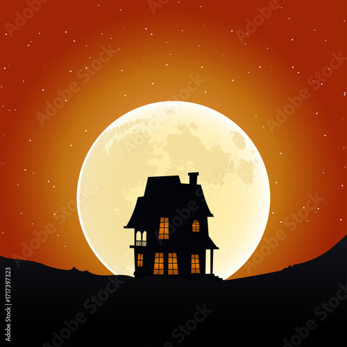 Halloween Background Silhouette Haunted House Under Full Moon
