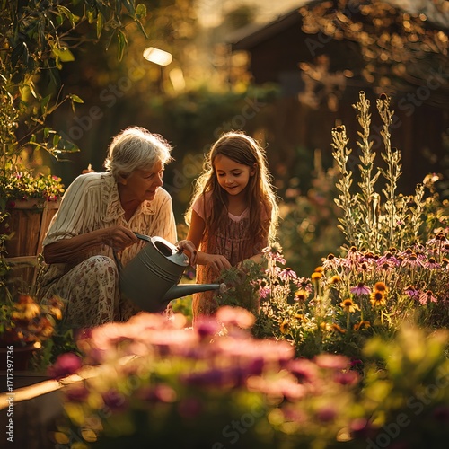 Grandmother teaching granddaughter to water flowers in a sunlit garden