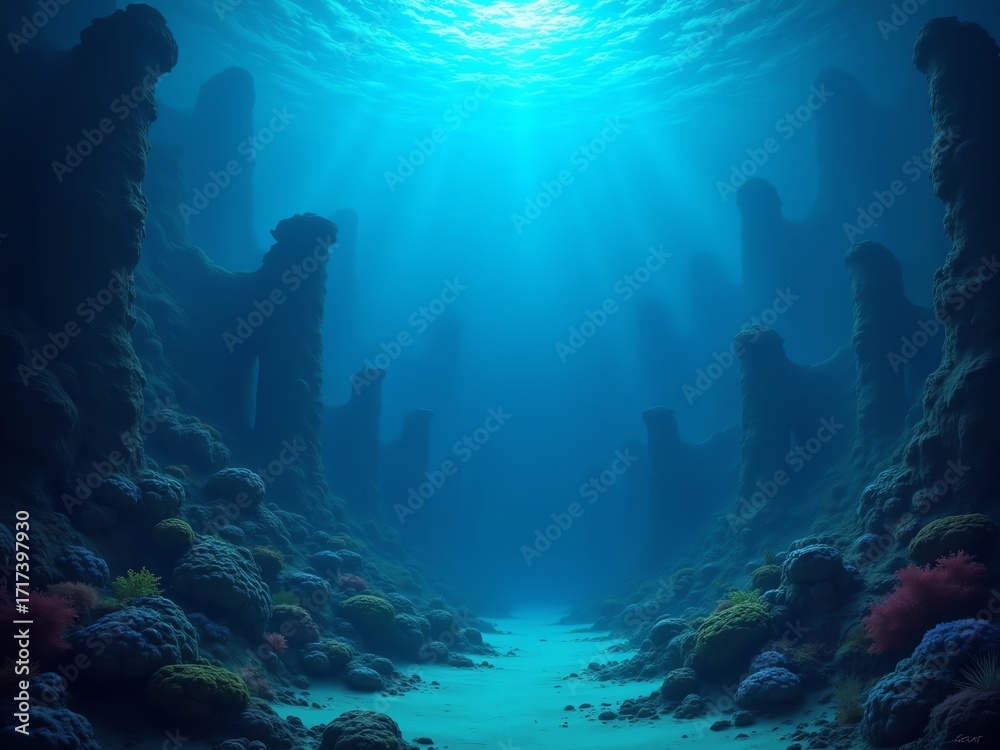 Fototapeta premium Sunlight streams through clear blue water illuminating an underwater canyon with rocky formations and colorful coral.