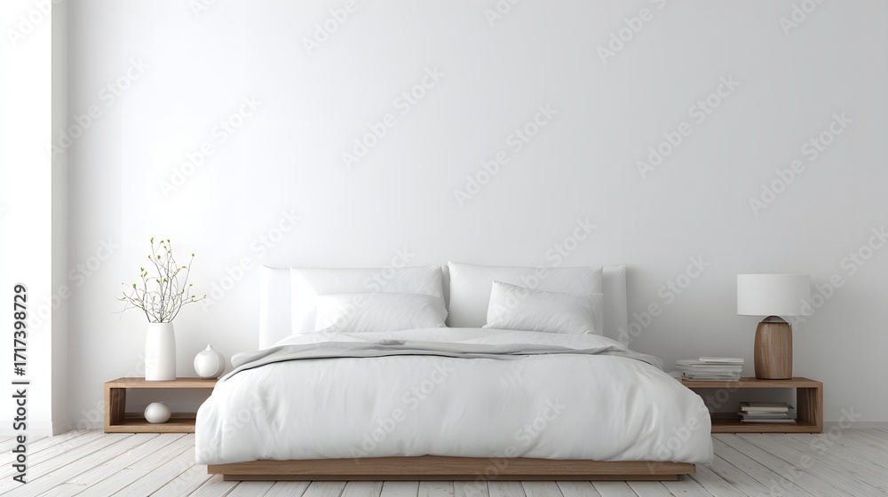 Fototapeta premium minimalist bedroom with bed and bedside table floating on white background