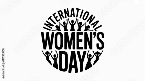 International womens day logo, featuring a bold typography and silhouette of women raising hands in celebration