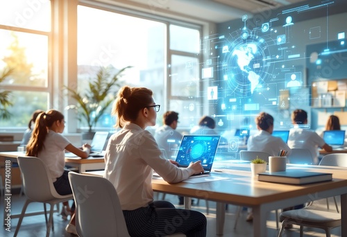 Students Utilizing Futuristic Technology in Bright Classroom, Global Network Displayed.