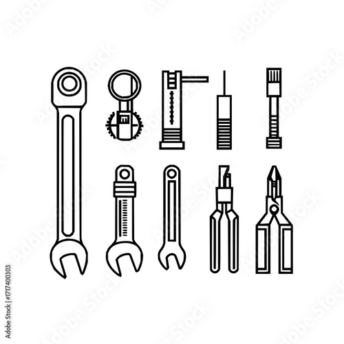 Assorted hand tools wrench pliers cutter gauge repair equipment maintenance and diy projects vector line art