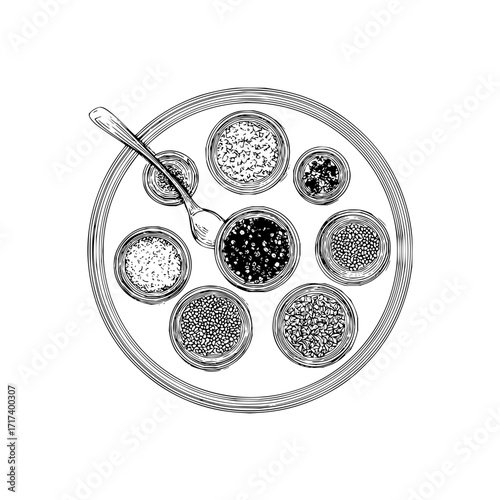 Assorted spices and herbs in bowls on tray with spoon culinary ingredient food flavoring cooking concept