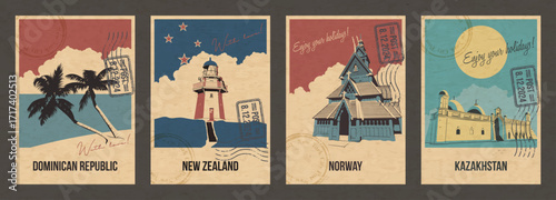 World Main Attractions Postcards. Dominican Exotic Ocean Caribbean Beach, New Zealand Waipapa Lighthouse, Norway Norsk Folkemuseum, Kazakhstan Arystan Bab Mausoleum. Aged Paper Texture