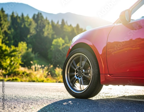 Red car on a scenic road