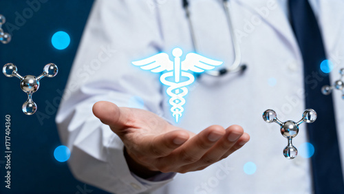 Medical professional holding a glowing caduceus symbol with molecular structures floating nearby