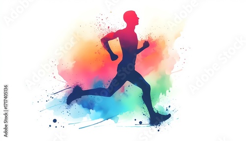 Silhouette of a runner on a colorful watercolor background illustration art