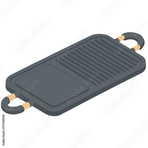 Isometric 3D illustration of a rectangular grill pan with dual handles
