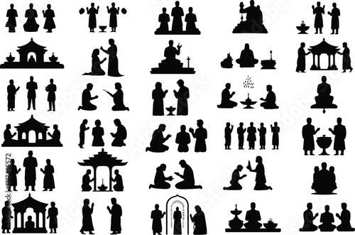 Buddhist silhouette vector, monk meditation, temple icon, spiritual ritual, cultural heritage, pagoda design, lotus symbol, prayer pose, religion, tradition, peace