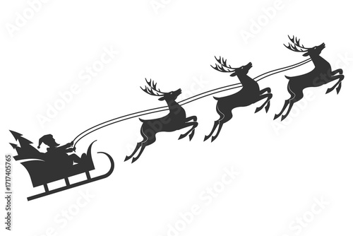 Santa Claus sleigh label monochrome with Saint Nicholas sitting in cart with reindeer flying up on reins. Vector illustration.