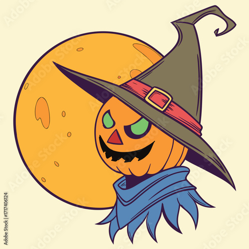 Spooky Pumpkin Headed Scarecrow Wearing a Witch Hat Keywords: Halloween, pumpkin, scarecrow, witch hat, moon, full moon, spooky, scary, creepy
