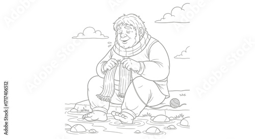  Coloring Page – A friendly giant knitting beside a river, humming softly