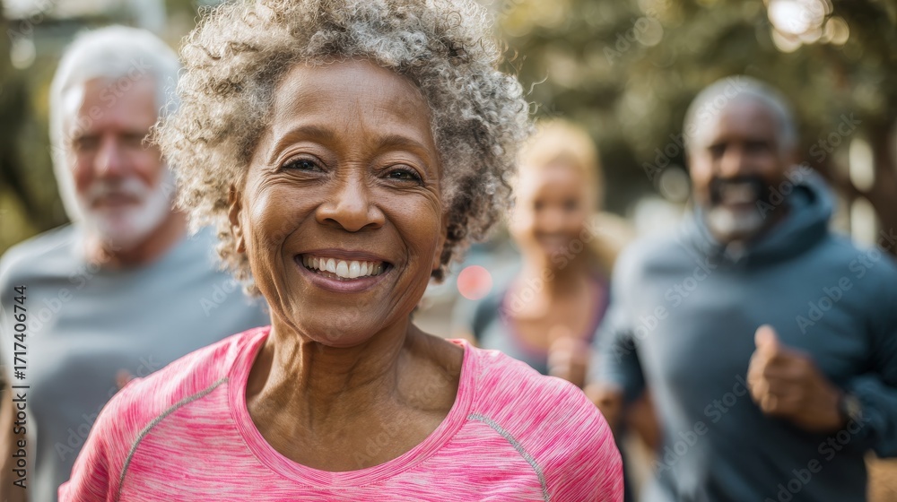 Fototapeta premium fit senior people running at city park group of elderly friends doing sport workout together outdoor main focus on african woman face no logos no brands ar 169