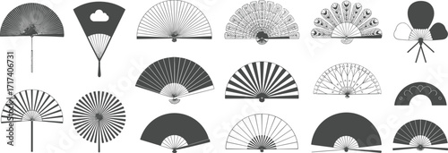 Hand fan silhouette vector, traditional folding fans, decorative design, cultural accessory, ornamental motif, Asian style, elegant shape, vintage pattern, fashion element, art