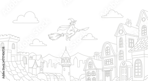 Coloring Page – A wizard’s broomstick flying over a bustling cityscape at dusk