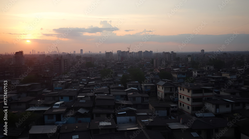 Fototapeta premium Slum urban inequality concept. Urban landscape at sunset showcasing densely packed housing.