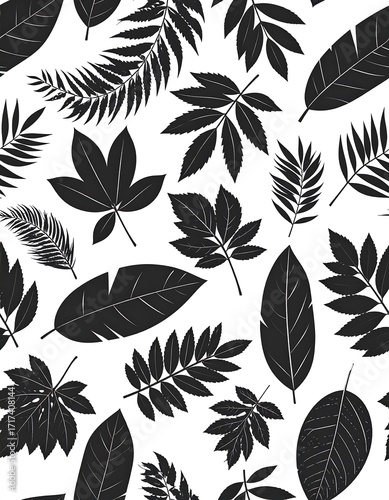 Black and White Tropical Leaves Pattern.