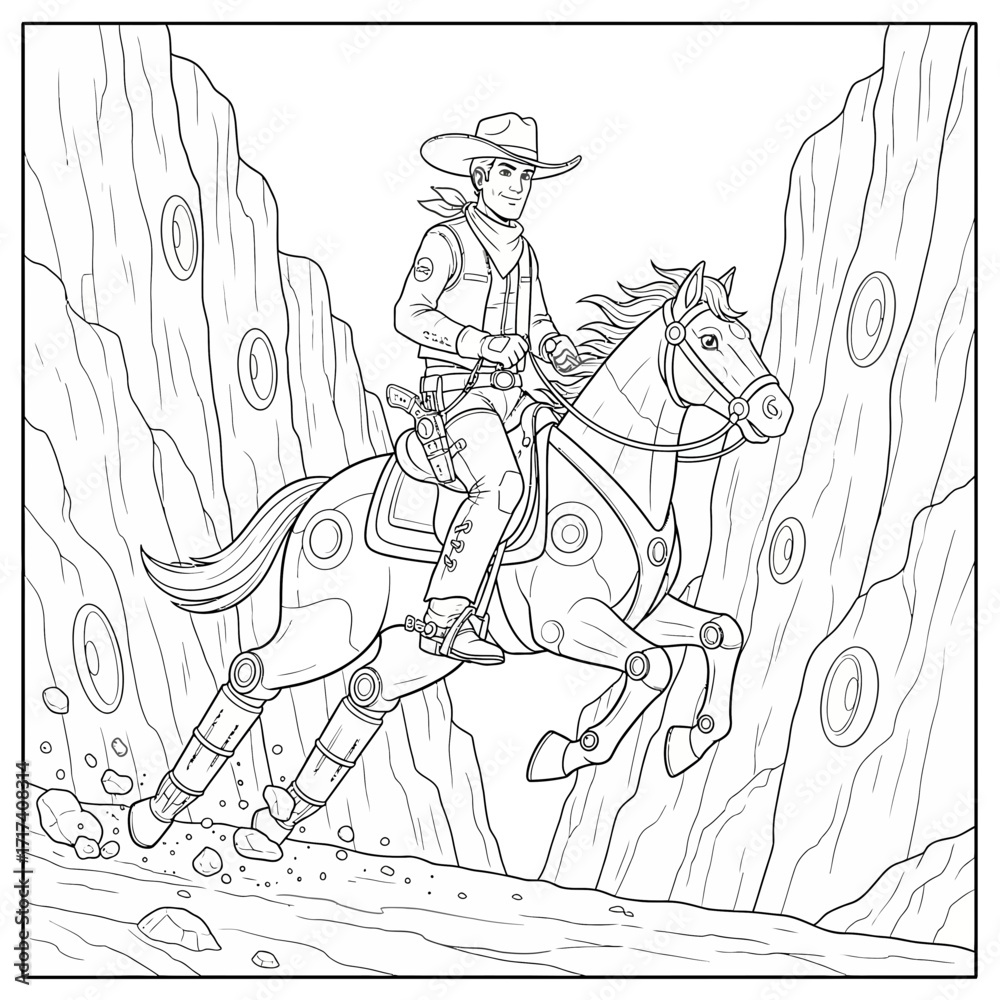 Obraz premium Space Cowboy Riding a Hover Horse Across a Lunar Canyon Coloring Page