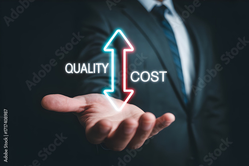Quality vs Cost Concept – Businessman Showing Balance Between High Quality and Low Cost Strategy