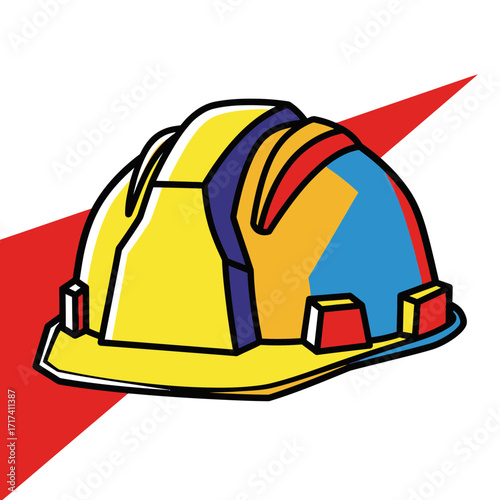 Cartoon yellow hard hat with colorful accents against a white and red background.