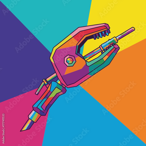 Colorful tattoo machine illustration on a diagonally divided background with different colors.