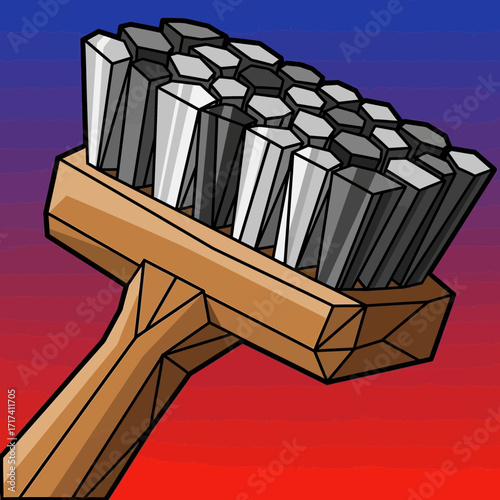 Cartoon illustration of a brush with a wooden handle on a colorful background.