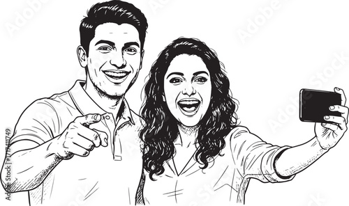 Young man and girl taking selfie black and white vector illustration
