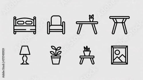 Set of furniture icons bed, armchair, table, lamp, plant, picture frame, interior design and home decoration concept in line style