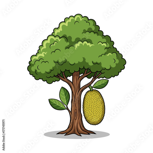 Cartoon tree with green leaves and a yellow fruit hanging from its branch.