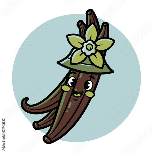 Cartoon vanilla bean with flower on top and smiling face on blue background.