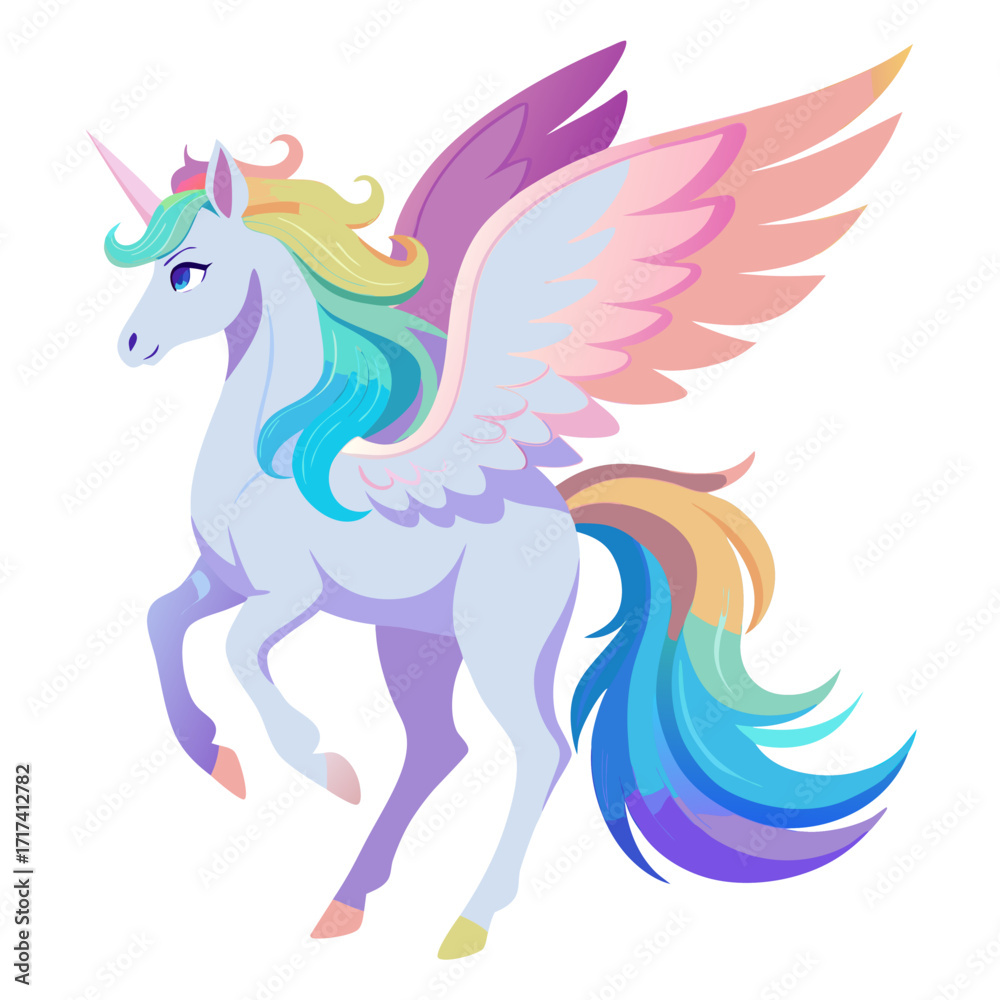 Fototapeta premium Majestic unicorn soaring with vibrant rainbow wings, embodying fantasy and magic for creative projects and design needs
