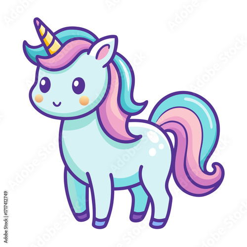 Enchanting cartoon unicorn with flowing mane and adorable expression, perfect for children's designs, magical themes, and fairytale illustrations
