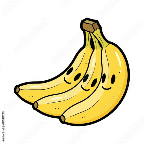 Cartoon illustration of three bananas with smiling faces on a white background.