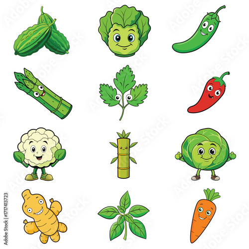 Assortment of Cute Cartoon Vegetables and Herbs with Faces cucumber cabbage