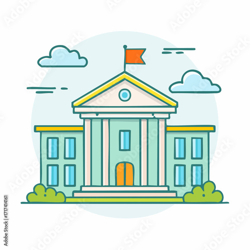 Flat line vector icon of a classic public building. An illustration of a school, university, courthouse, or city hall symbolizing education and governance