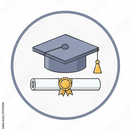 Education and Achievement A Vector Illustration of a Graduation Cap and Diploma, Representing Academic Success and the Completion of Studies