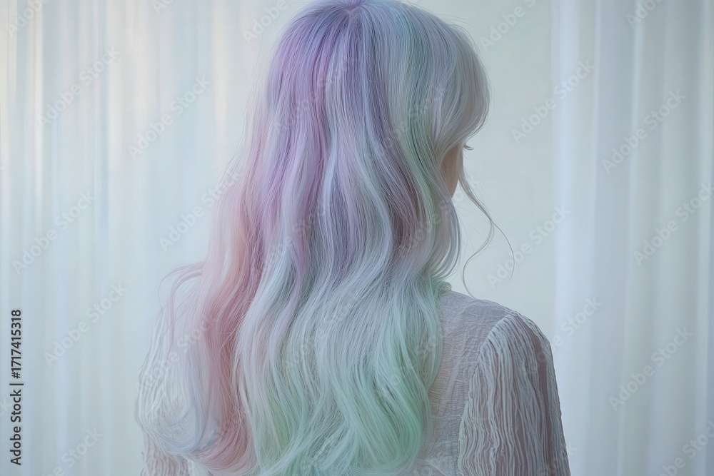 Naklejka premium A woman's back with long, wavy hair showcasing pastel shades of pink, purple, and mint green.