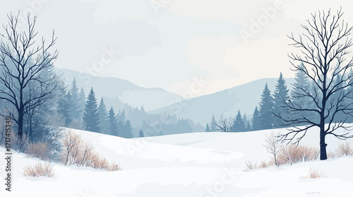 Snowy Winter Landscape with Bare Trees and Forest in Distance