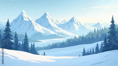 Snowy Mountain Landscape with Pine Trees and Clear Sky