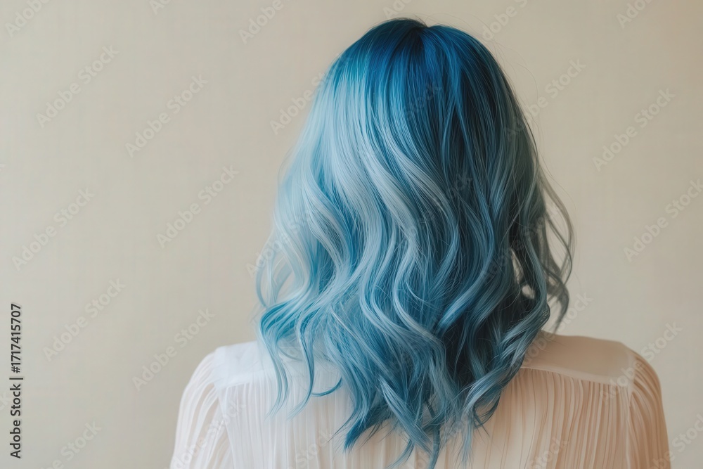 Naklejka premium Vibrant, stylishly wavy hair showcases a striking ombre effect of teal blue and light blue hues against a neutral background.