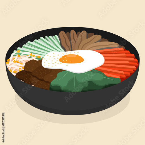 Vector illustration of Korean food bibimbap (비빔밥) with fillings of rice, eggs, carrots, spinach, meat, bean sprouts, cucumber, mushrooms, and gochujang