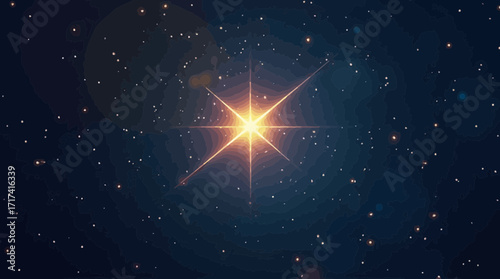 Bright Star in Night Sky Surrounded by Small Distant Stars with Deep Blue Background
