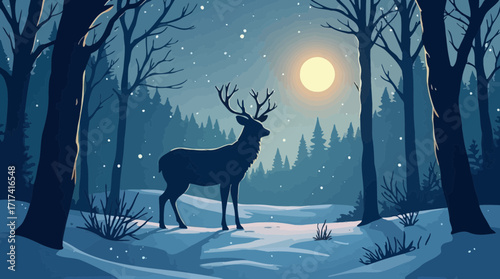 Silhouette Deer Standing in Moonlit Winter Forest Scene