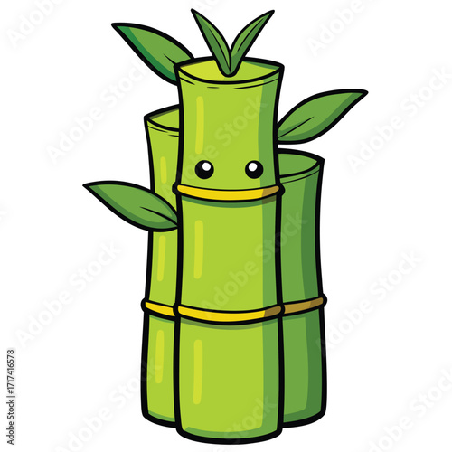 Cute cartoon bamboo stalks with leaves and yellow bands plant green