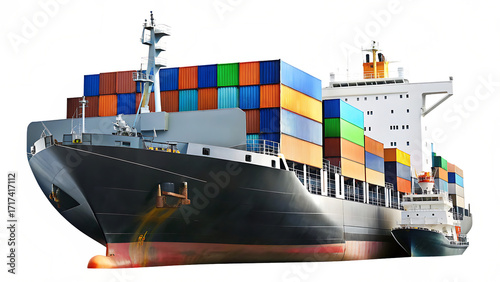 Large cargo ship loaded with colorful shipping containers at sea container ship freight isolated on a transparent background